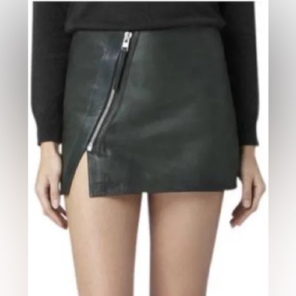 All Saints Black Leather Mini Skirt with Asymmetric Zip